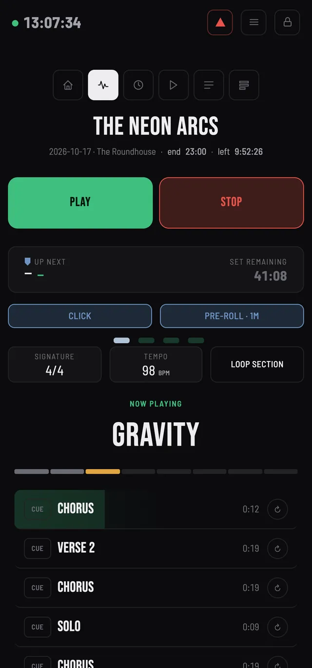 Markerlist on a phone: play, stop and the current song