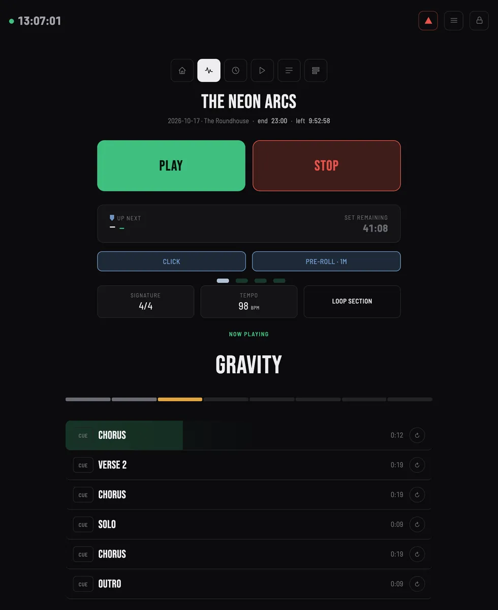 Markerlist live view: current song, next song, set remaining, click and pre-roll